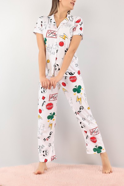 Kırmızı Düğmeli Desenli Bayan Pijama Takımı 110199