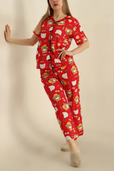 Kırmızı Düğmeli Desenli Bayan Pijama Takımı 258544