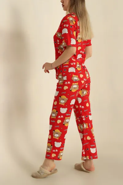 Kırmızı Düğmeli Desenli Bayan Pijama Takımı 258544