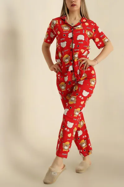 Kırmızı Düğmeli Desenli Bayan Pijama Takımı 258544