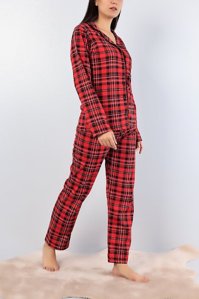 Kırmızı Düğmeli Ekose Bayan Pijama Takımı 76921