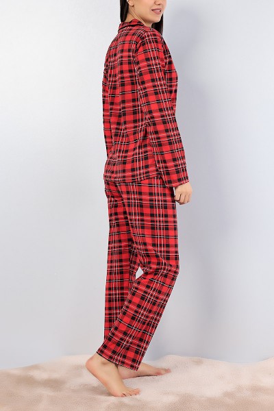 Kırmızı Düğmeli Ekose Bayan Pijama Takımı 76921