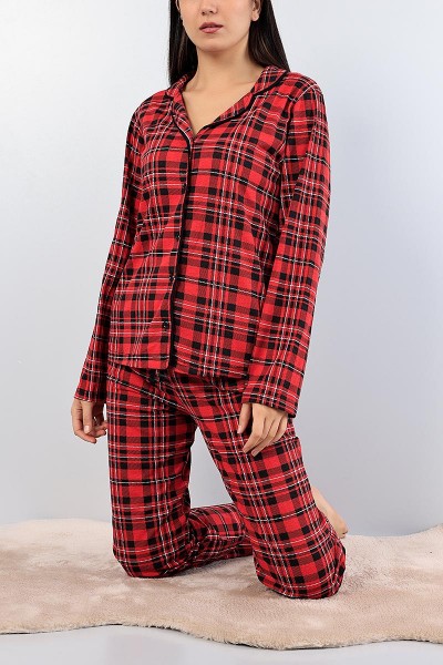 Kırmızı Düğmeli Ekose Bayan Pijama Takımı 76921
