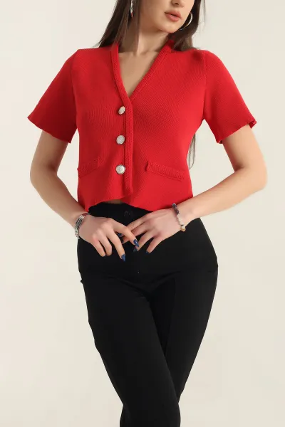 Kırmızı Düğmeli Kısa Kollu Triko Hırka 337474