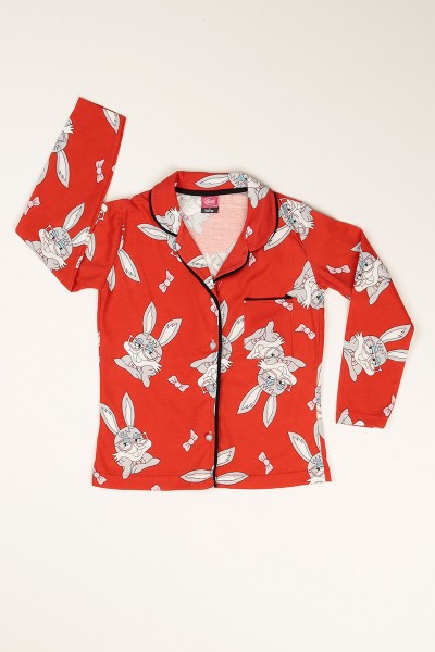 Kırmızı Düğmeli Kız Çocuk Pijama Takımı 77882