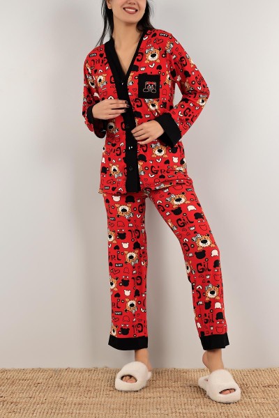 Kırmızı Düğmeli Süet Bayan Pijama Takımı 140826
