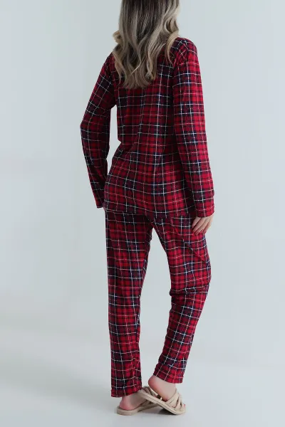 Kırmızı Düğmeli Süet Kadın Pijama Takımı 499835