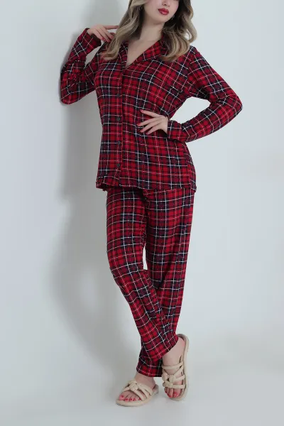 Kırmızı Düğmeli Süet Kadın Pijama Takımı 499835