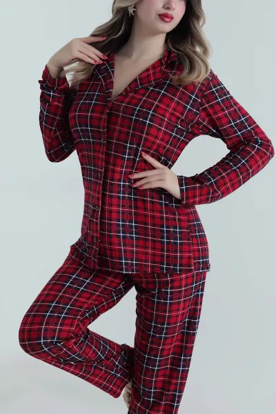Kırmızı Düğmeli Süet Kadın Pijama Takımı 499835
