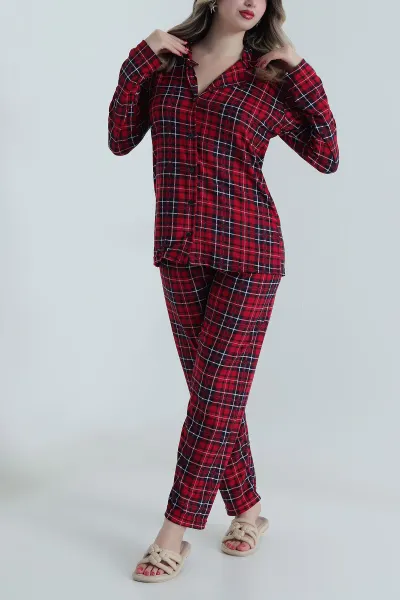 Kırmızı Düğmeli Süet Kadın Pijama Takımı 499835