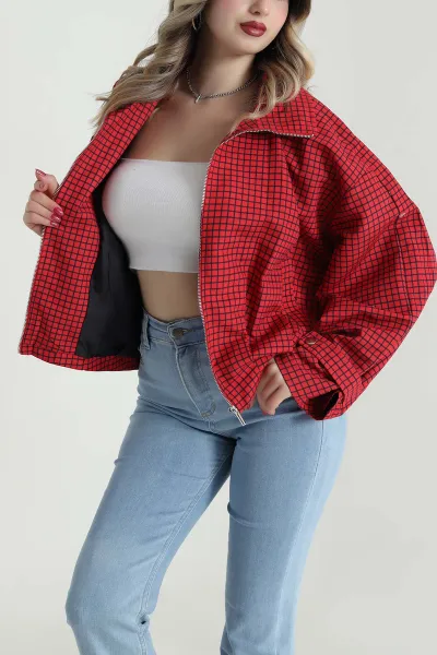 Kırmızı Ekose Bomber Kadın Mevsimlik Mont 493901