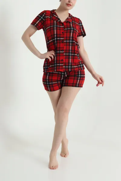 Kırmızı Ekose  Desen Kadın Şortlu Pijama Takımı 466608