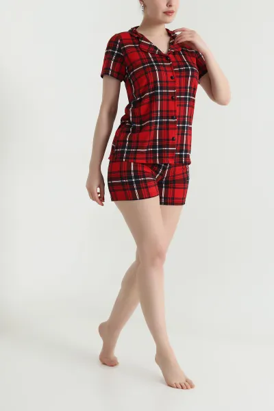 Kırmızı Ekose  Desen Kadın Şortlu Pijama Takımı 466608