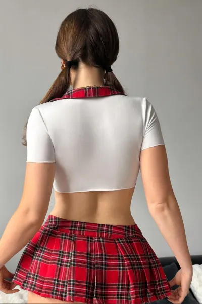 Kırmızı Ekose Desen Seksi Mini Fantezi Kostüm 495978