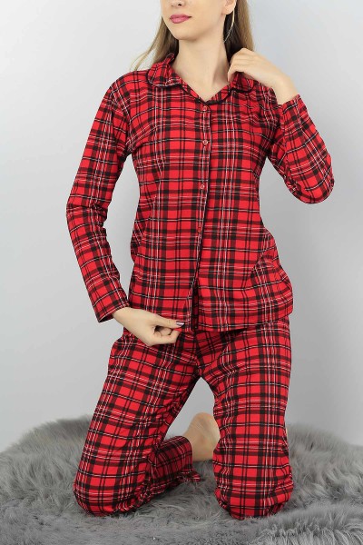 Kırmızı Ekose Desenli Bayan Pijama Takımı 55564