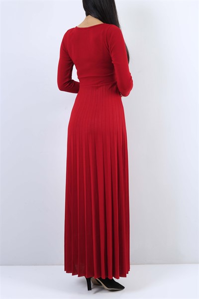 Kırmızı Eteği Pileli Triko Elbise 21727B