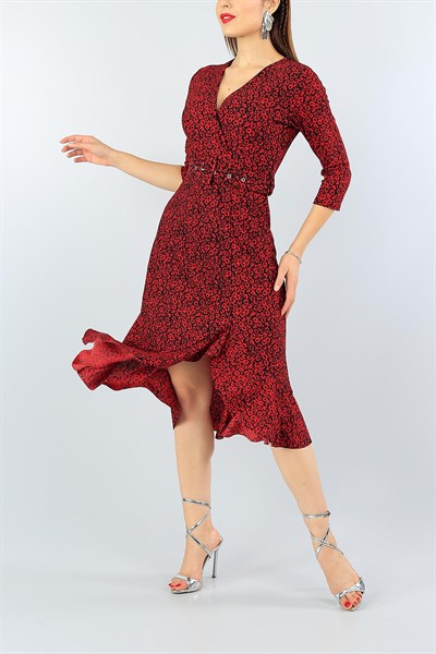 Kırmızı Eteği Volanlı Desenli Elbise 40083