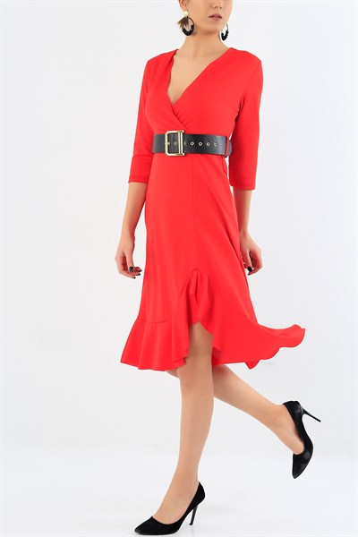 Kırmızı Eteği Volanlı Elbise 30369B