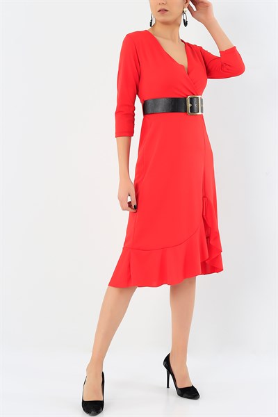 Kırmızı Eteği Volanlı Elbise 30369B