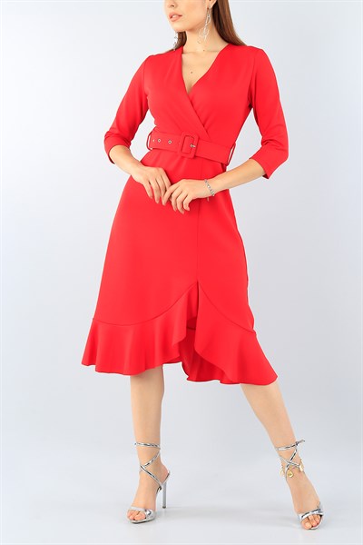 Kırmızı Eteği Volanlı Kemerli Elbise 39048