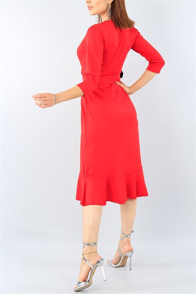 Kırmızı Eteği Volanlı Kemerli Elbise 39048
