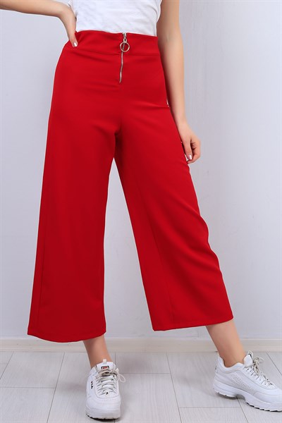 Kırmızı Fermuar Detay Salaş Kumaş Pantolon 12444B