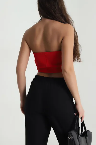 Kırmızı Fermuarlı Düğmeli Atlas Kadın Büstiyer 482149