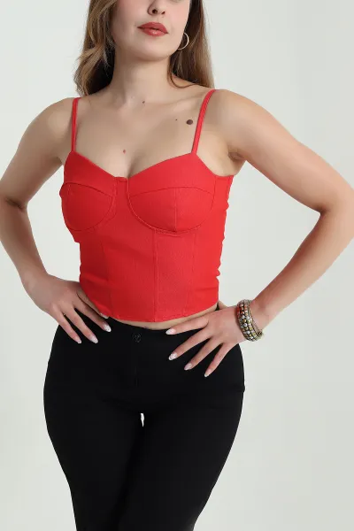 Kırmızı Fermuarlı İp Askılı Kadın Kot Büstiyer 479146