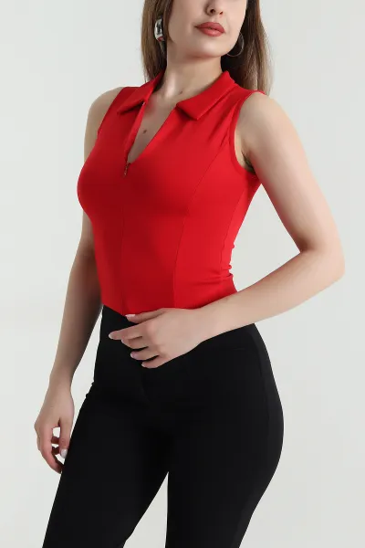 Kırmızı Fermuarlı Polo Yaka Oysho Kadın Bluz 471650
