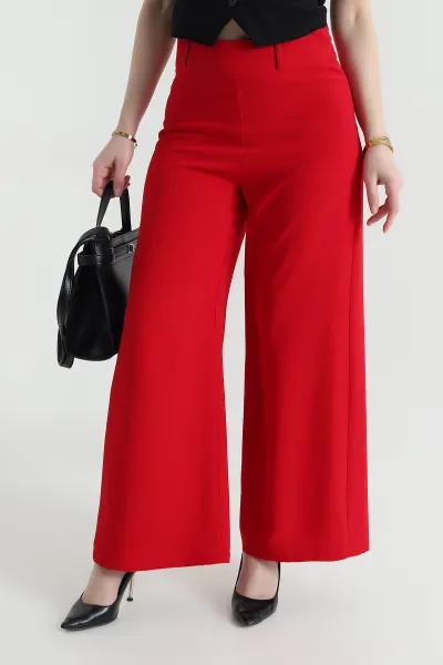 Kırmızı Fermuarlı Tencel Crep Kadın Pantolon 440764