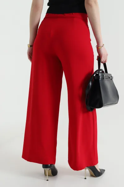 Kırmızı Fermuarlı Tencel Crep Kadın Pantolon 440764