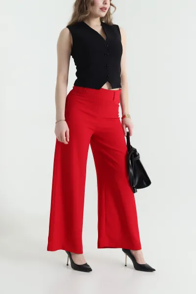 Kırmızı Fermuarlı Tencel Crep Kadın Pantolon 440764