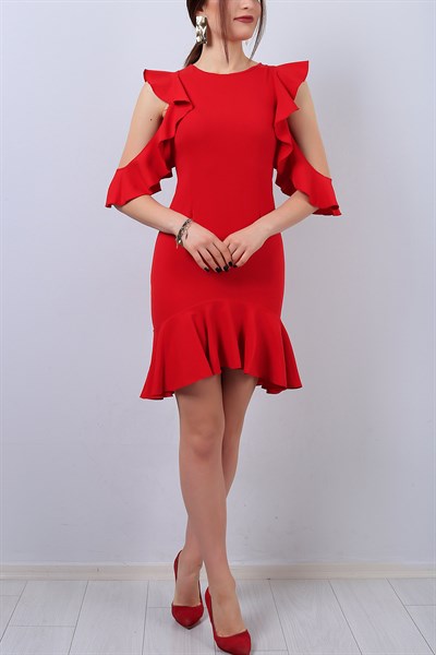 Kırmızı Fırfır Detaylı Bayan Elbise 13937B