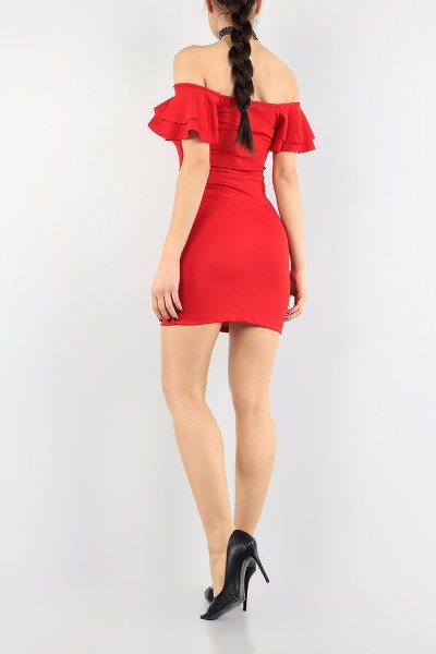 Kırmızı Fırfır Tasarım Likralı Elbise 91670