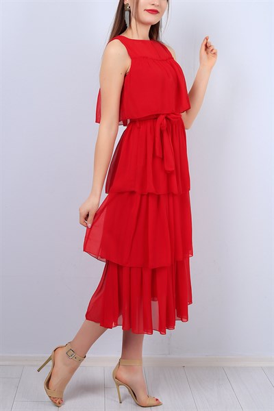 Kırmızı Fırfırlı Bayan Şifon Elbise 12465B