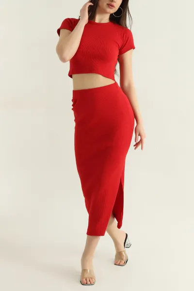 Kırmızı Fitilli Likralı Bluz Etek Kadın İkili Takım 362498