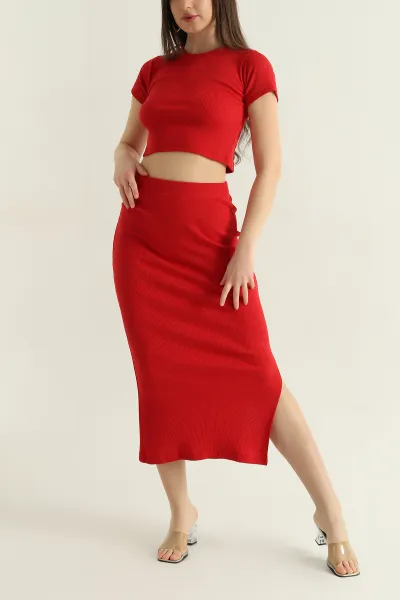 Kırmızı Fitilli Likralı Bluz Etek Kadın İkili Takım 362498