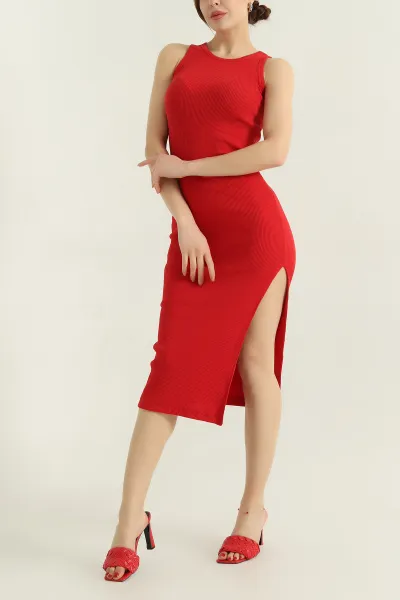 Kırmızı Fitilli Likralı  Yırtmaçlı Kolsuz Elbise 336793