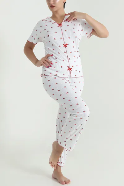 Kırmızı Fiyonklu Kaşkorse Kadın Pijama Takımı 476186
