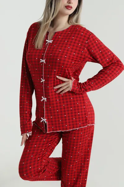 Kırmızı Fiyonklu Soft Süet Kadın Pijama Takımı 488906