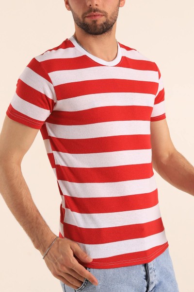 Kırmızı Geniş Çizgili Regular Fit Erkek Tişört 189821