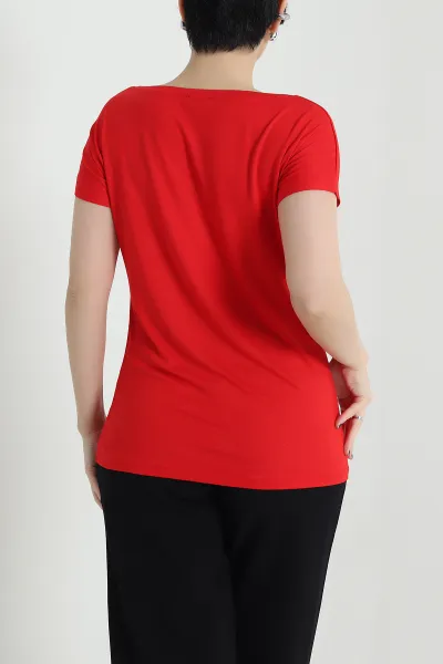 Kırmızı Geniş Yaka Kadın Tişört 455146