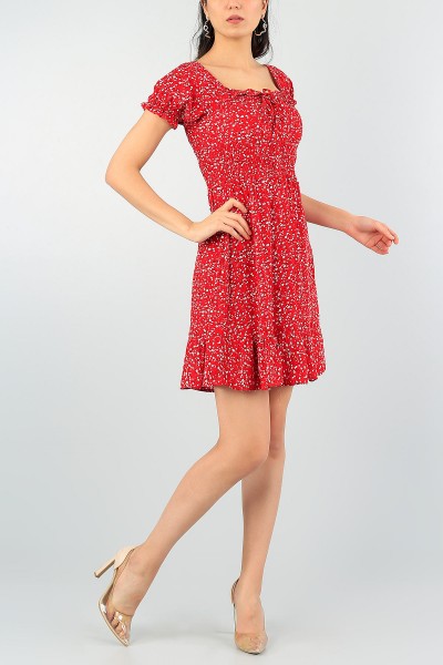 Kırmızı Gipeli Tasarım Mini Dokuma Elbise 58940