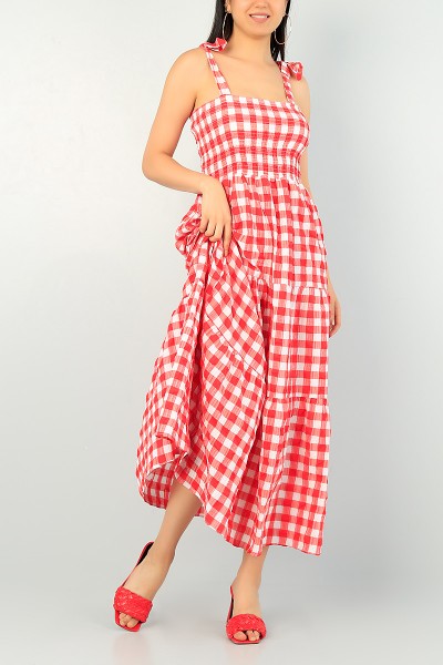 Kırmızı Gofre Kumaş Gipeli Elbise 70151