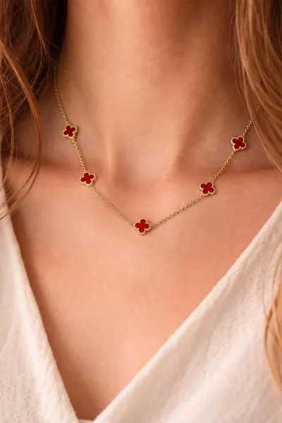 Kırmızı Gold Küçük Boy Mineli Gümüş Van Cleef Çelik Kolye 488029