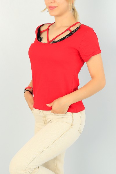 Kırmızı Güpür Detay Bluz 69246