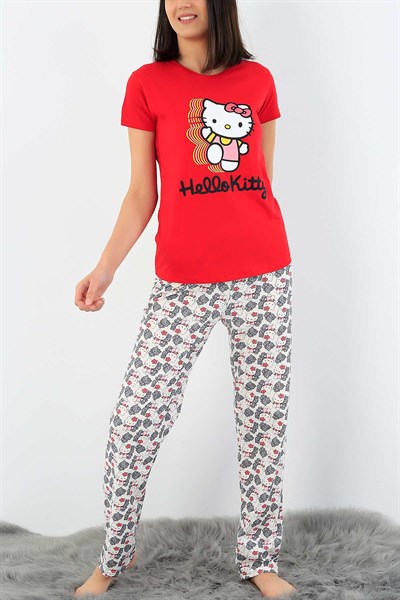 Kırmızı Hello Kity Baskı Bayan Pijama Takımı 33420