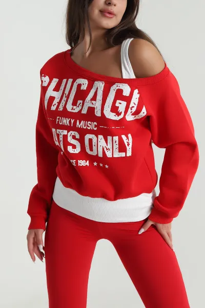 Kırmızı İç Atletli Şardonlu Kadın Sweat 489130