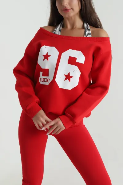 Kırmızı İç Atletli Şardonlu Kadın Sweat 489135