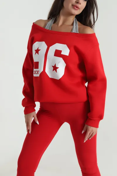 Kırmızı İç Atletli Şardonlu Kadın Sweat 489135